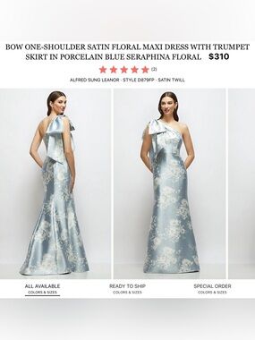 Dessy Collection Porcelain Blue One-Shoulder Satin Floral Maxi Dress